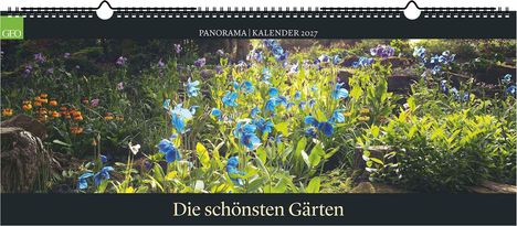 "PANORAMA KALENDER 2027, Die schönsten Gärten" zeigt einen blühenden Garten mit bunten Blumen und grünem Laub.