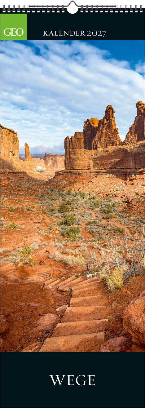Kalender 2027, WEGE. Rote Felsenlandschaft mit Steinpfad und blauem Himmel.