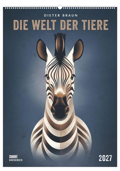 "Die Welt der Tiere 2027" von Dieter Braun. Illustration eines Zebras frontal vor blauem Hintergrund.