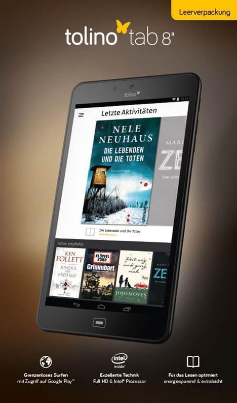 "Letzte Aktivitäten", "Nele Neuhaus: Die Lebenden und die Toten". "tolino tab 8" mit Büchern auf dem Bildschirm, gelber Hintergrund.