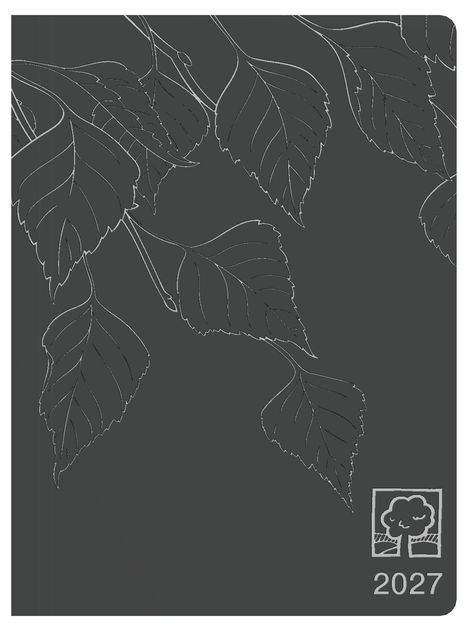 Text: "2027". Unten rechts ist ein Baum-Logo. Hintergrund hat ein Muster aus gezeichneten Blättern.