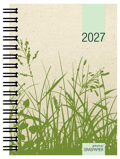Text: "2027" und "gedruckt auf GRASPAPIER". Illustration von grünen Gräsern auf beigem Hintergrund, Spiralbindung links.