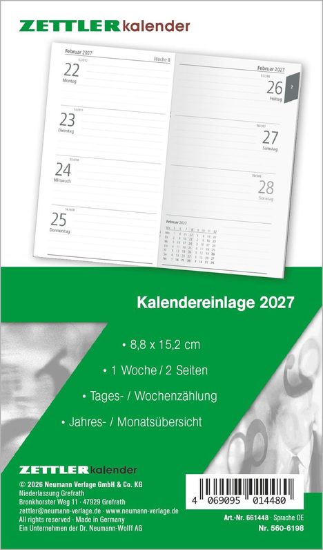 "Zettler Kalender, Kalendereinlage 2027, 8,8 x 15,2 cm, 1 Woche/2 Seiten, Tages-/Wochennummern, Jahres-/Monatsübersicht."