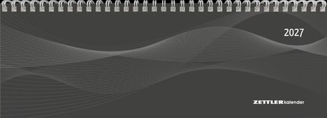 "2027" und "ZETTLER kalender" auf dunklem Hintergrund mit geschwungenen, grauen Linien und Spiralbindung oben.