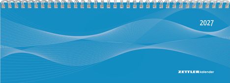 2027. ZETTLER kalender unten rechts. Spiralbindung, blaue Hintergrundgrafik mit weißen Linienwellen.