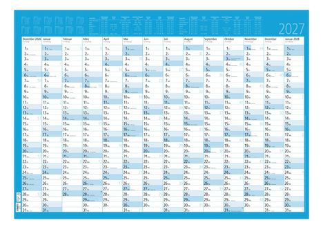 2027, Kalender, Dez. 2026 bis Jan. 2028, Monate in Spalten, Tage in Zeilen, blaue Wochenenden.