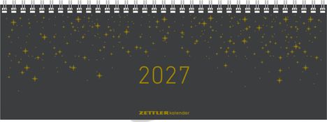 2027, Zettler Kalender. Dunkler Hintergrund mit goldenen Sternen, Spiralbindung oben.