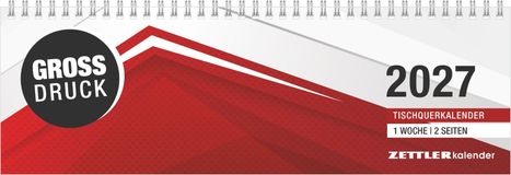 "Großdruck", "2027", "Tischquerkalender", "1 Woche | 2 Seiten", "Zettler Kalender". Rotes, geometrisches Design.