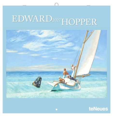 "EDWARD 2027 HOPPER" zeigt ein Gemälde eines Segelboots auf ruhigem Meer mit klarblauem Himmel und weißen Wolken.