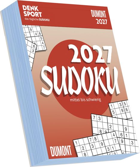 "2027 Sudoku, mittel bis schwierig." Mehrere Sudoku-Rätsel und das Logo "Denk Sport, das tägliche Sudoku."