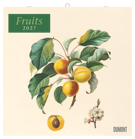 Text: "Fruits 2027", "DUMONT". Illustration von gelben Früchten mit grünen Blättern und einem Blumenast.