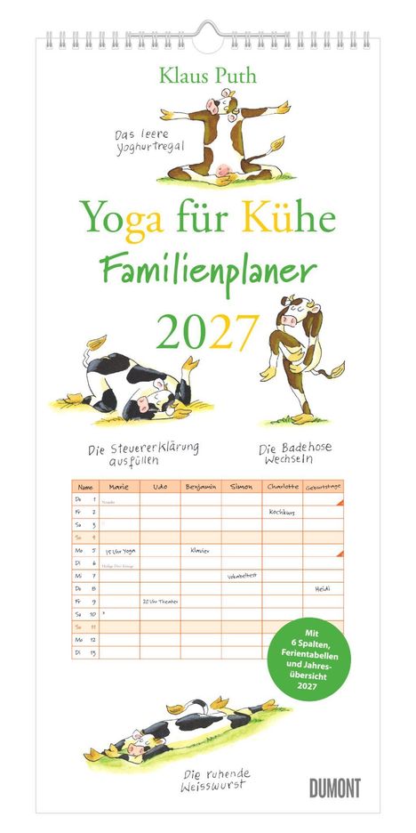 "Yoga für Kühe Familienplaner 2027" steht im Mittelpunkt. Illustrationen von Kühen in Yoga-Posen umgeben den Text.