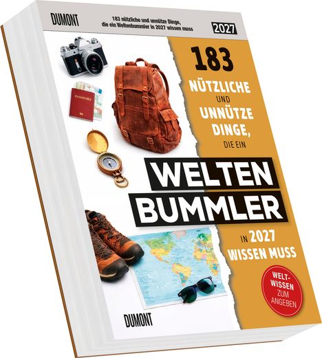 Buchtitel: "183 nützliche und unnütze Dinge, die ein Weltenbummler in 2027 wissen muss". Rucksack, Kompass, Kamera.