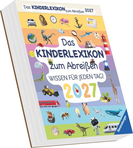 "Das Kinderlexikon zum Abreißen 2027" zeigt bunte Bilder von Tieren, Fahrzeugen und Objekten auf einem Buchcover.