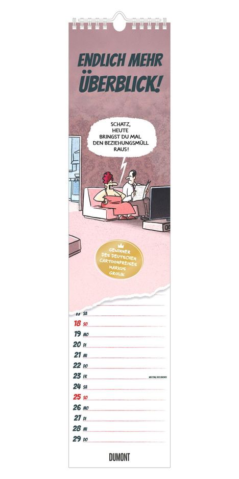 Kalender mit Comic: Frau sagt: "Schatz, heute bringst du mal den Beziehungsmüll raus!" Mann sitzt auf Sofa.