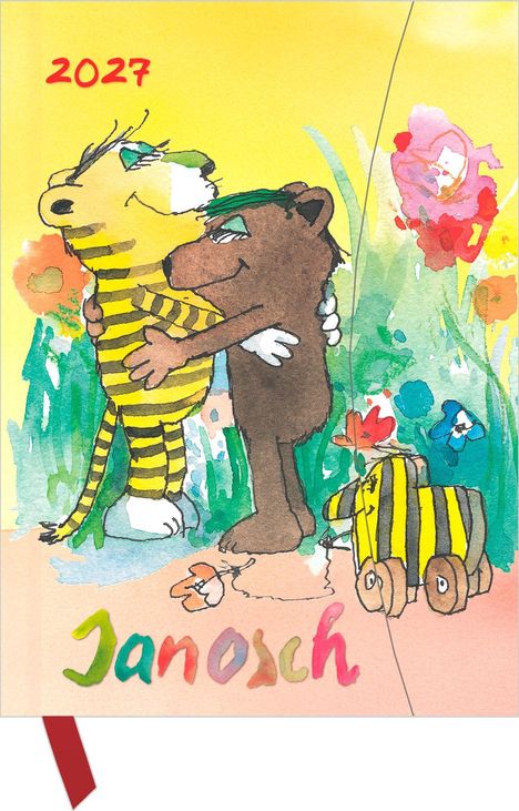 Text: "2027", "Janosch". Illustration: Zwei Tiere, Tiger und Bär, umarmen sich fröhlich vor einer bunten Blumenwiese.