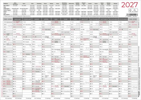 Kalender für 2027. Feiertage und Schulferien in verschiedenen Bundesländern. Montasübersicht Dezember 2026 bis Januar 2028.