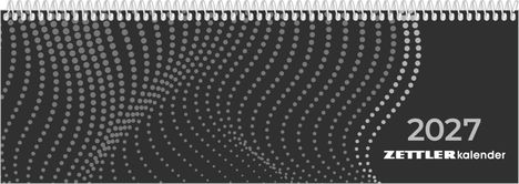 Text: "2027 ZETTLER kalender". Illustration mit grauen Punkten in Wellenmustern auf dunklem Hintergrund. Spiralbindung oben.