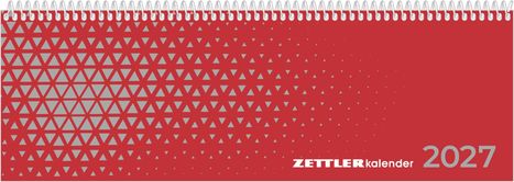 "ZETTLER kalender 2027" auf rotem Hintergrund mit grauen Dreieckmustern. Spiralbindung oben.