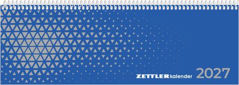 „Zettler kalender 2027“ in Weiß auf einem blauen Hintergrund mit grauen Dreiecksmustern. Spiralbindung oben.