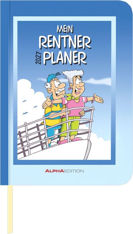 Cover mit "Mein Rentner Planer 2027". Illustration von zwei älteren Menschen auf einem Schiff, fröhlich schauend.