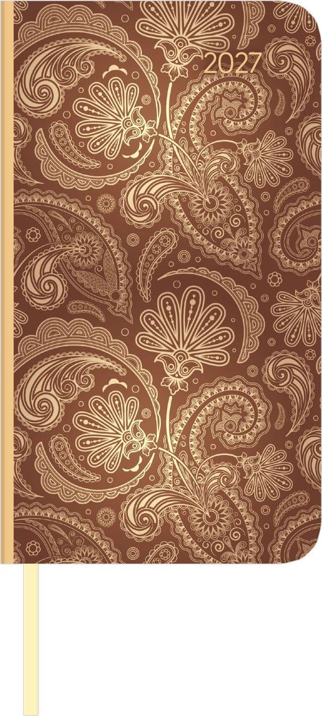 „2027“ in goldener Schrift. Aufwendiges, florales Muster in Goldtönen auf einem braunen Hintergrund.