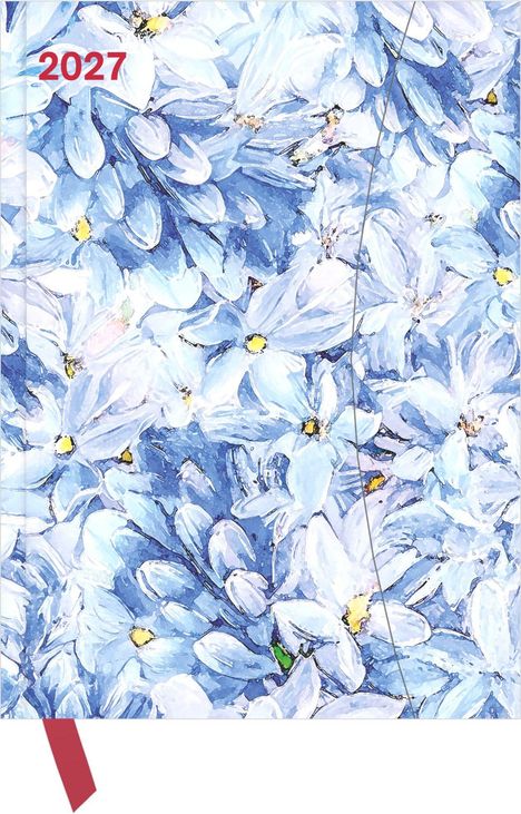 Text "2027" in Rot. Illustration von vielen blauen Blumen mit gelben Zentren, impressionistischer Stil.