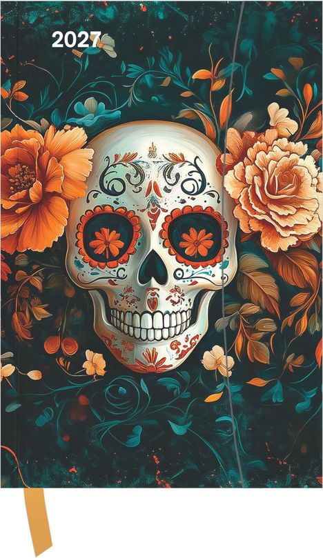 Text "2027". Illustration eines verzierten Totenkopfes umgeben von bunten Blumen.