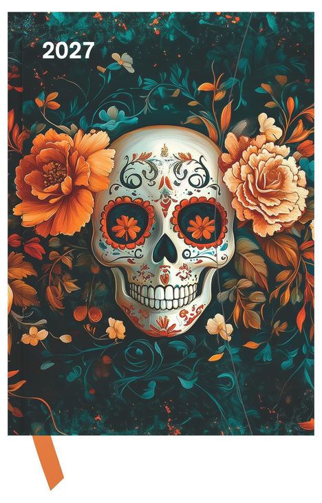 2027, ein dekorativer Totenschädel mit Blumen und Ornamenten in leuchtenden Farben umgeben von Blättern und Blüten.