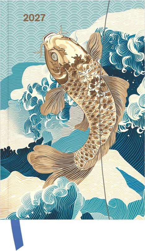 Text "2027". Illustration eines Karpfens, der aus stilisierten blauen und weißen Wellen springt.