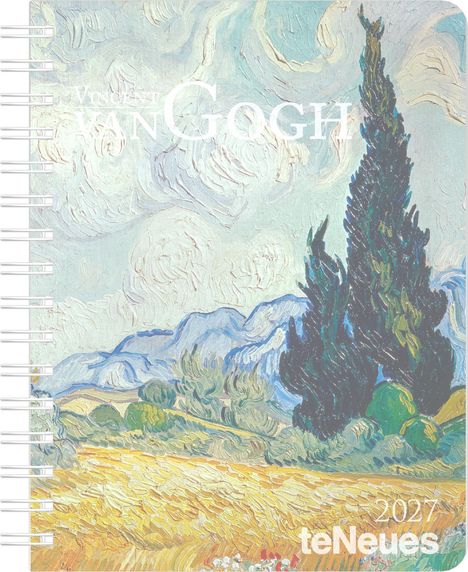 „Vincent van Gogh“, „2027“, „teNeues“. Eine Landschaft mit Getreidefeld, Bergen und Zypressen im Stil von Van Gogh.