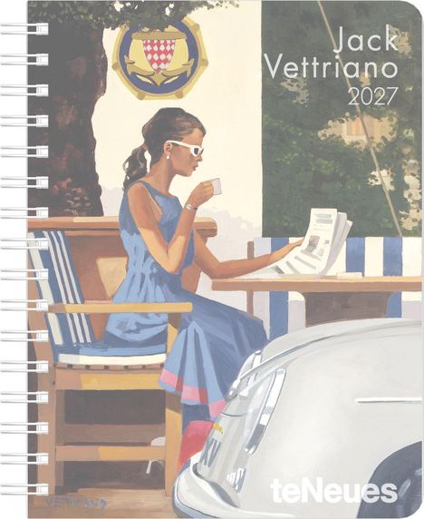 Jack Vettriano 2027. Eine Frau in Sommerkleid und Sonnenbrille sitzt mit Kaffee und Zeitung auf einer Bank, daneben ein Auto.