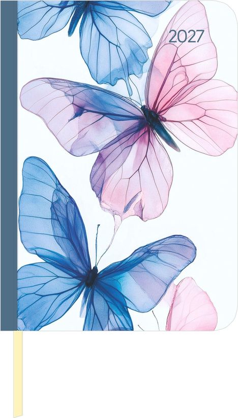 Text "2027". Illustration mit transparenten blauen und rosa Schmetterlingen auf hellem Hintergrund.