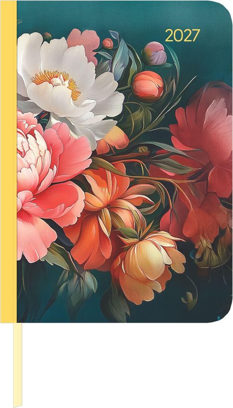 "2027" in der Ecke. Illustration von großen und bunten Blumen in Rot, Weiß und Pink mit grünen Blättern.