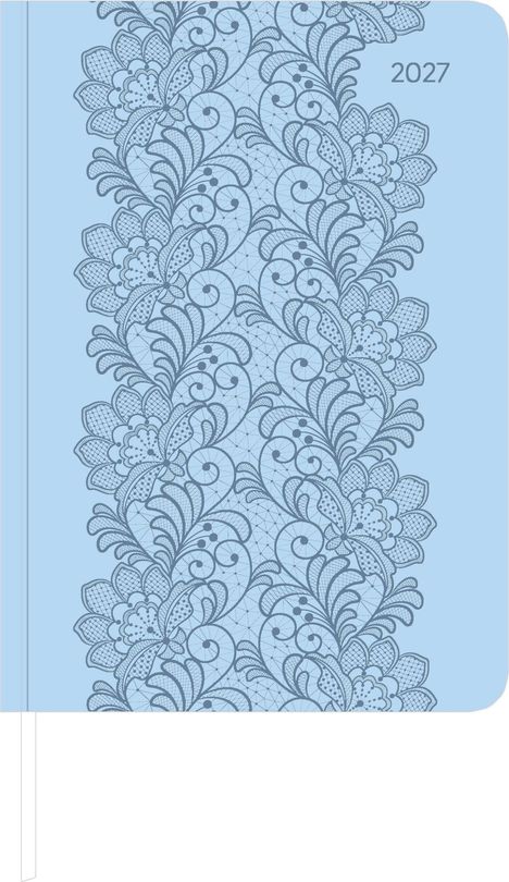 Oben rechts steht "2027". Auf hellblauem Hintergrund eine Verzierung aus floralen Mustern in dunklerem Blau.