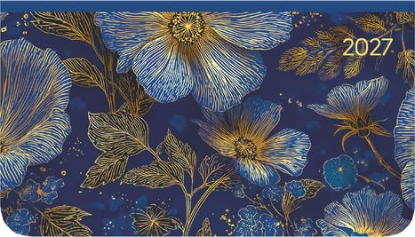 2027 in Gelb oben rechts. Illustration: Gold-blaue Blumen und Blätter auf dunkelblauem Hintergrund.