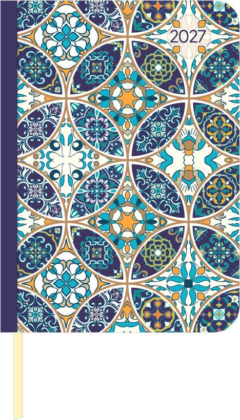 Text "2027" oben rechts. Ornamentales, buntes geometrisches Muster in Blau-, Orange- und Weißtönen.