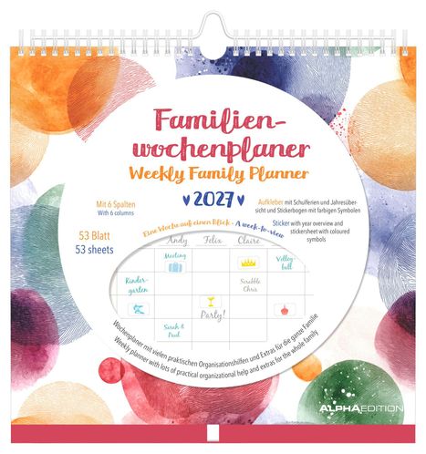 „Familienwochenplaner 2027“ in Rot, bunte Kreise, 53 Blatt, 6 Spalten, Aufkleber und Stickerbogen.