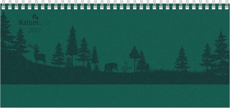Text: "NatureLine 2027". Illustration von Bäumen, einem Hirsch, einem Bären und einem Vogel in einer Waldszene.