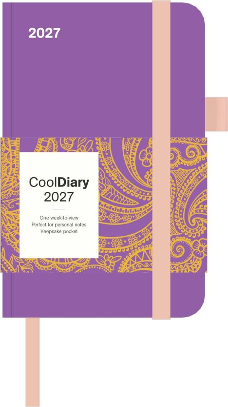 2027, CoolDiary, One week-to-view, Perfect for personal notes, Keepsake pocket. Lila Cover mit gelbem Muster.