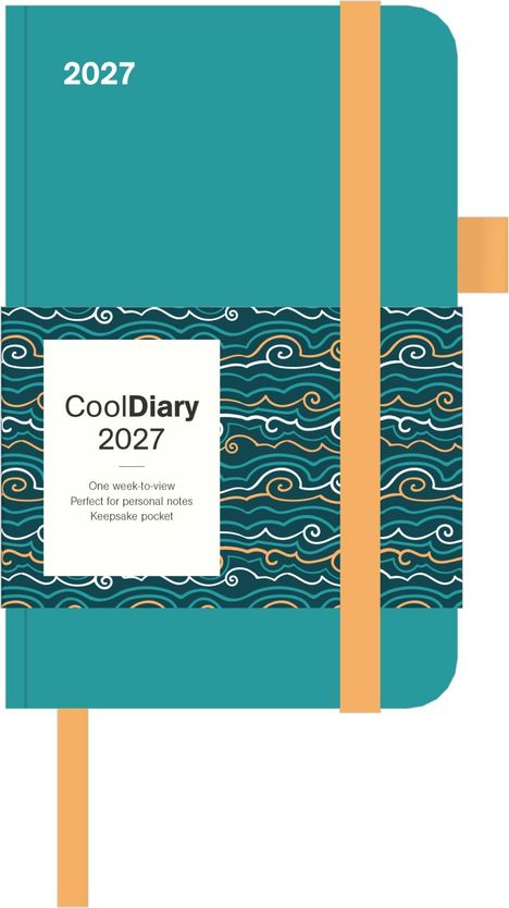 "CoolDiary 2027" steht auf einem welligen Muster. Oben links "2027". Illustration eines türkisfarbenen Notizbuchs.