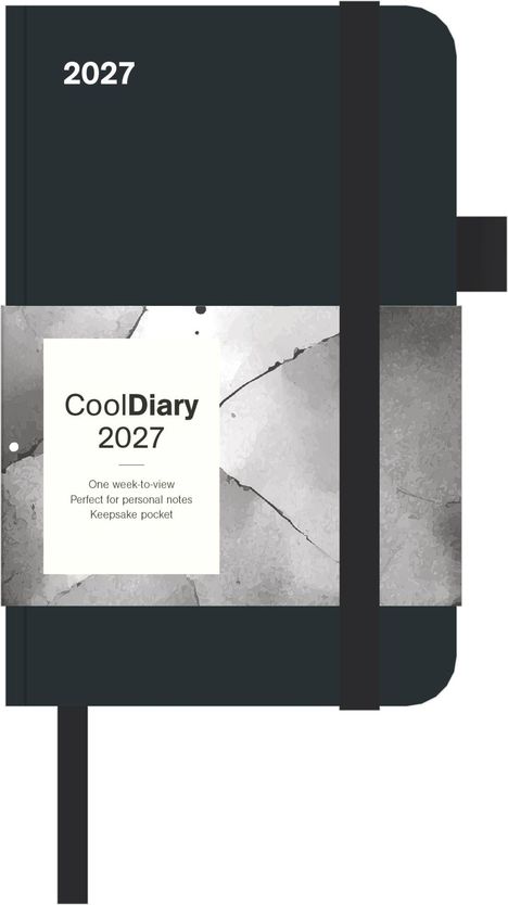 2027, CoolDiary 2027, One week-to-view, Perfect for personal notes, Keepsake pocket; dunkles Tagebuch mit grauem Band.
