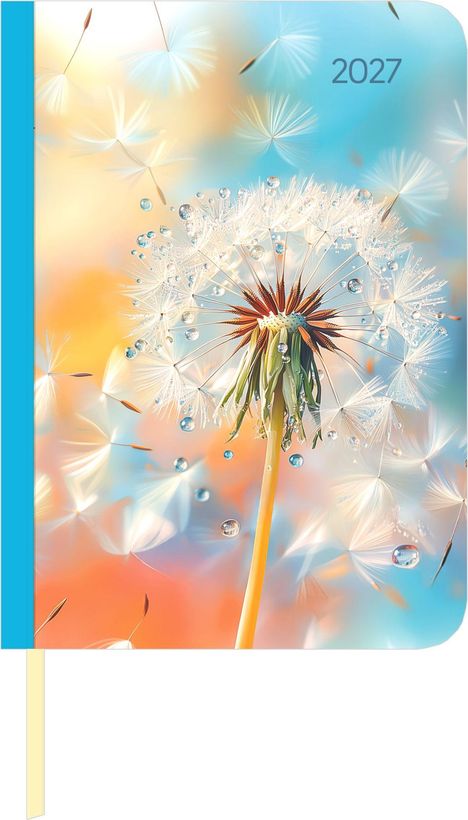 Text "2027", Illustration einer Pusteblume mit Wassertropfen vor einem unscharfen, bunten Hintergrund.