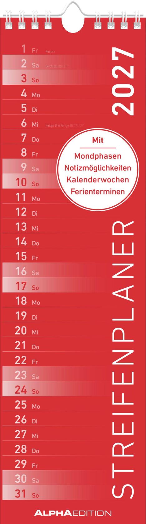 Kalender 2027 mit Feiertagen, Mondphasen, Notizmöglichkeiten, Kalenderwochen; vertikales Layout mit roten Streifen.