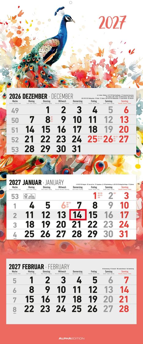 "2027" in roten Ziffern, Kalender für Dezember 2026 bis Februar 2027. Pfau auf farbenfrohem Hintergrund.