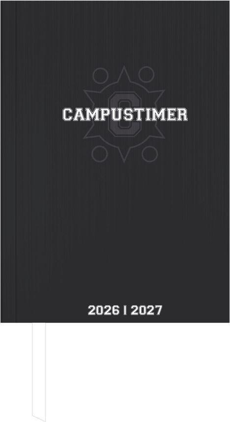 Text: "CAMPUSTIMER", "2026 | 2027". Dunkles, schlichtes Design mit subtilen grafischen Mustern im Hintergrund.