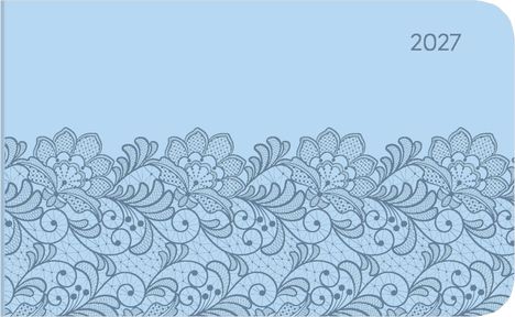 Oben rechts steht "2027". Darunter ist ein detailliertes Spitzendekor mit floralen Mustern auf hellblauem Hintergrund.