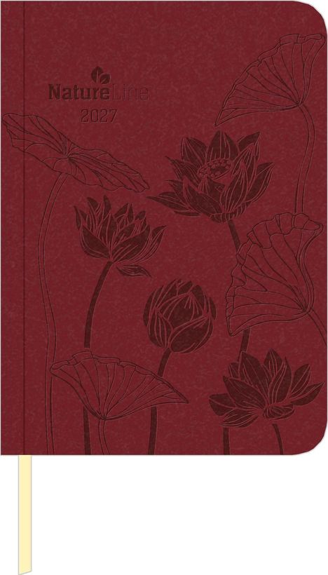 "NatureLine 2027" in geprägter Schrift auf rotem Hintergrund mit floralen Lotus-Motiven als Illustration.