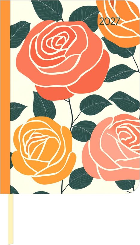Eine Illustration mit "2027" im oberen Bereich, zeigt große, stilisierte Rosen in Orange und Gelb mit grünen Blättern.
