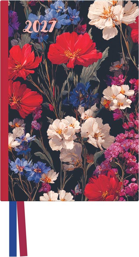 Die Zahl "2027" in rosa. Eine Illustration mit bunten Blumen auf dunklem Hintergrund. Rote und weiße Blüten dominieren.